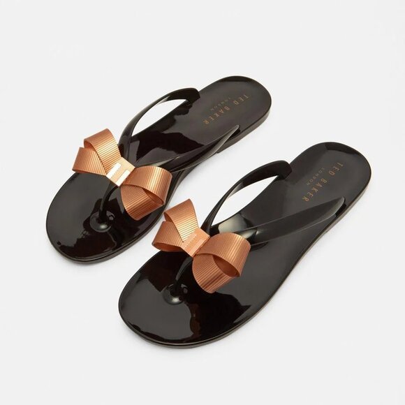 Ted Baker Black and Tan Bow Flip Flops - Picture 1 of 5